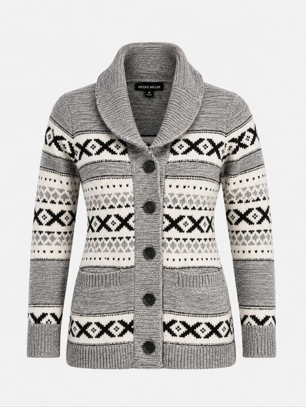 Nicole Miller Gray, White & Black Patterned Shawl-Collar Cardigan